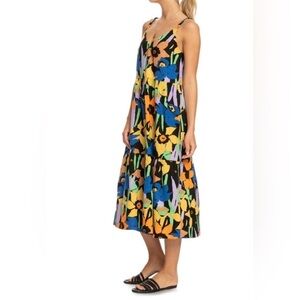 Roxy Waiting Line Bold Colors Midi Floral Boho Surfer Style Minimalist Dress
